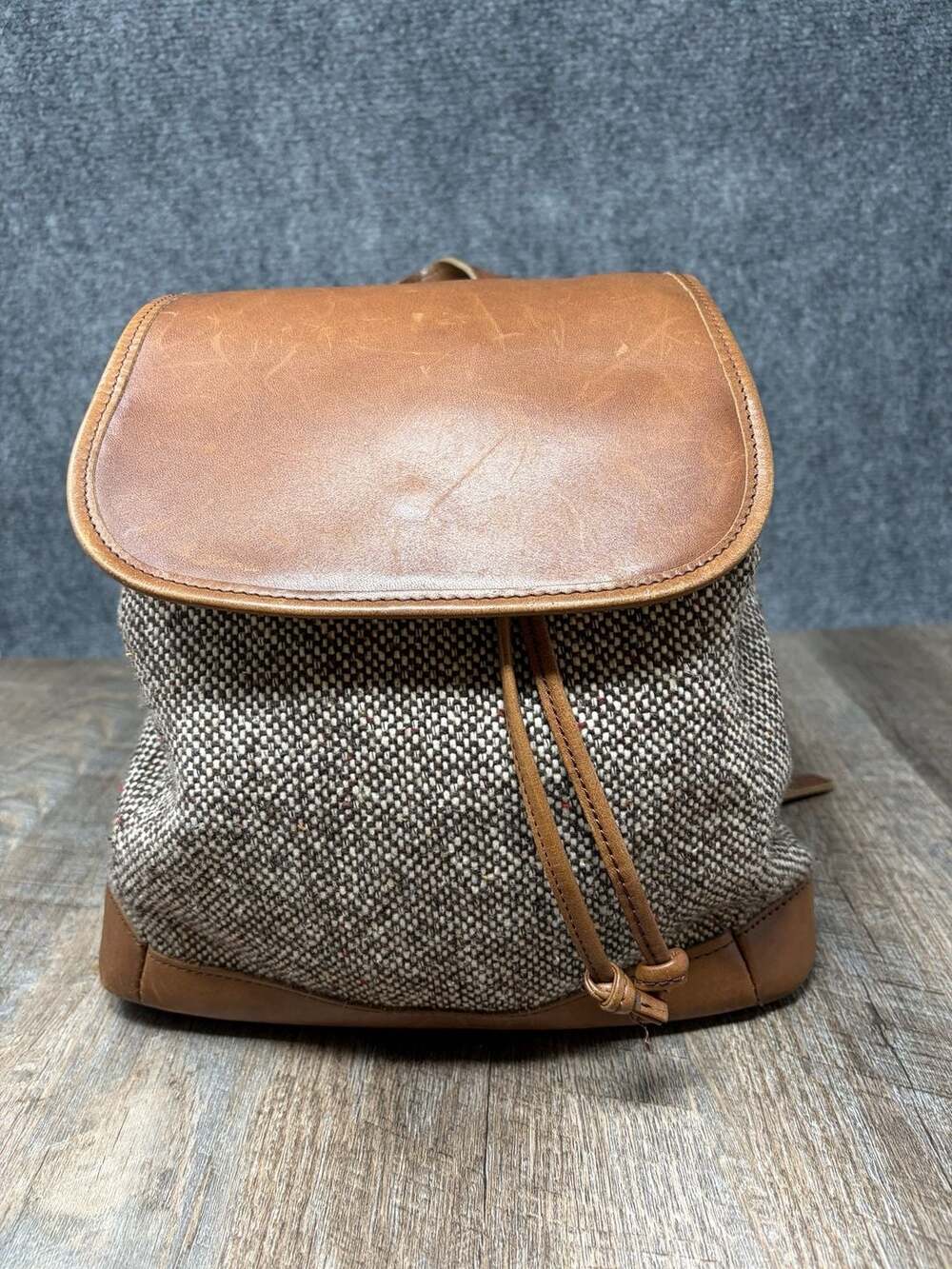 Vintage LL Bean Backpack Purse Bookbag Tote Wool Brown Leather Drawstring Mini